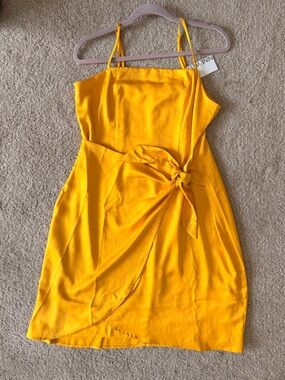 Gold satin wrap waist dress